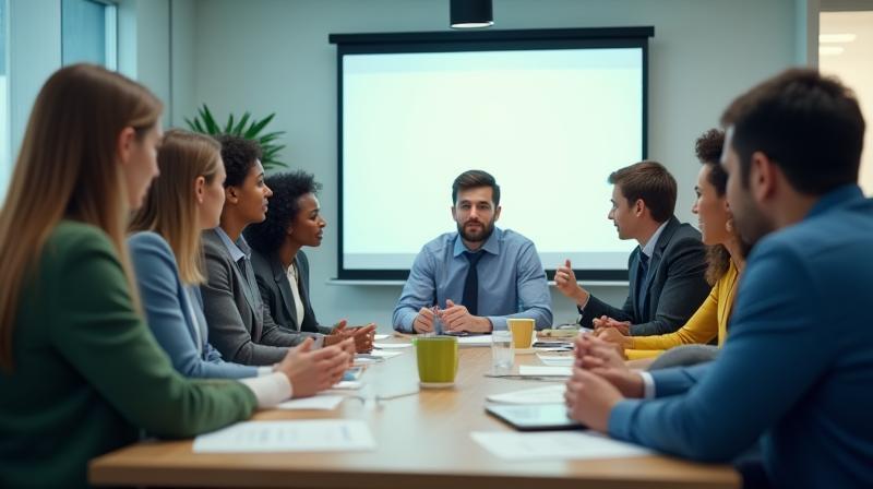Diverse team of professionals in a collaborative meeting environment