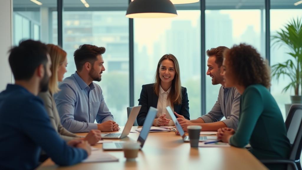 Professional team collaborating in a modern office setting